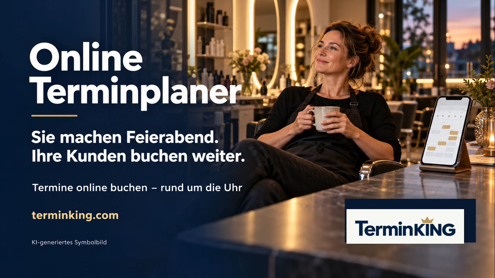 KI-Symbolbild: Eine Studioinhaberin entspannt nach Feierabend neben einem Smartphone mit symbolischer Terminauswahl; Bildtext: Online Terminplaner.