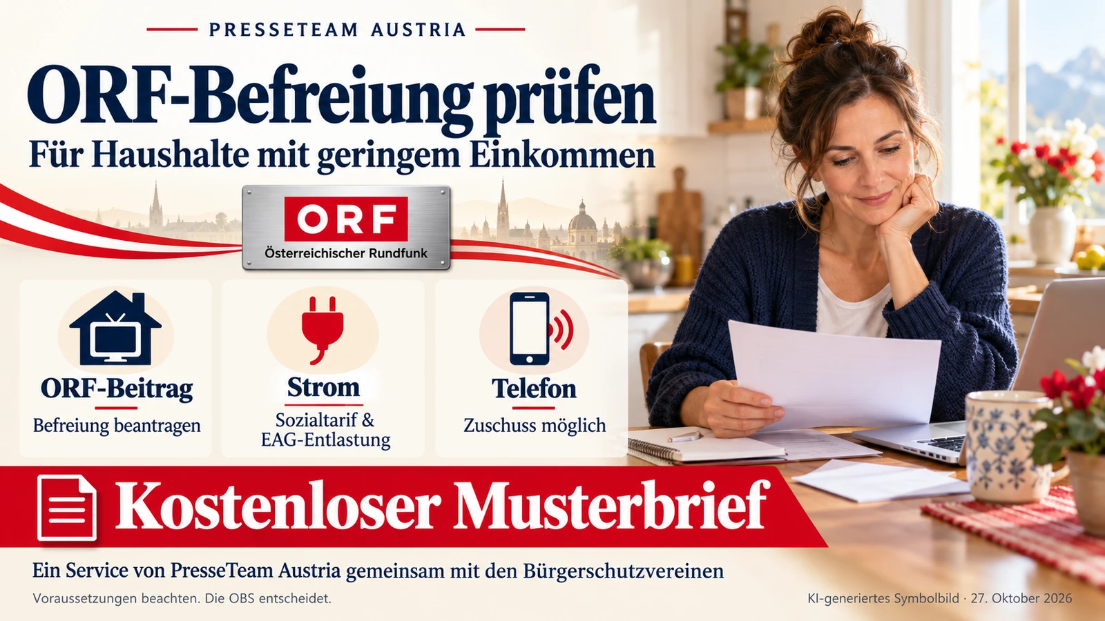 Neu generiertes KI-Symbolbild im Querformat: ORF-Beitragsbefreiung, Strom-Sozialtarif und EAG-Entlastung sowie Telefonzuschuss. Kostenloser Musterbrief von PresseTeam Austria gemeinsam mit den Bürgerschutzvereinen.