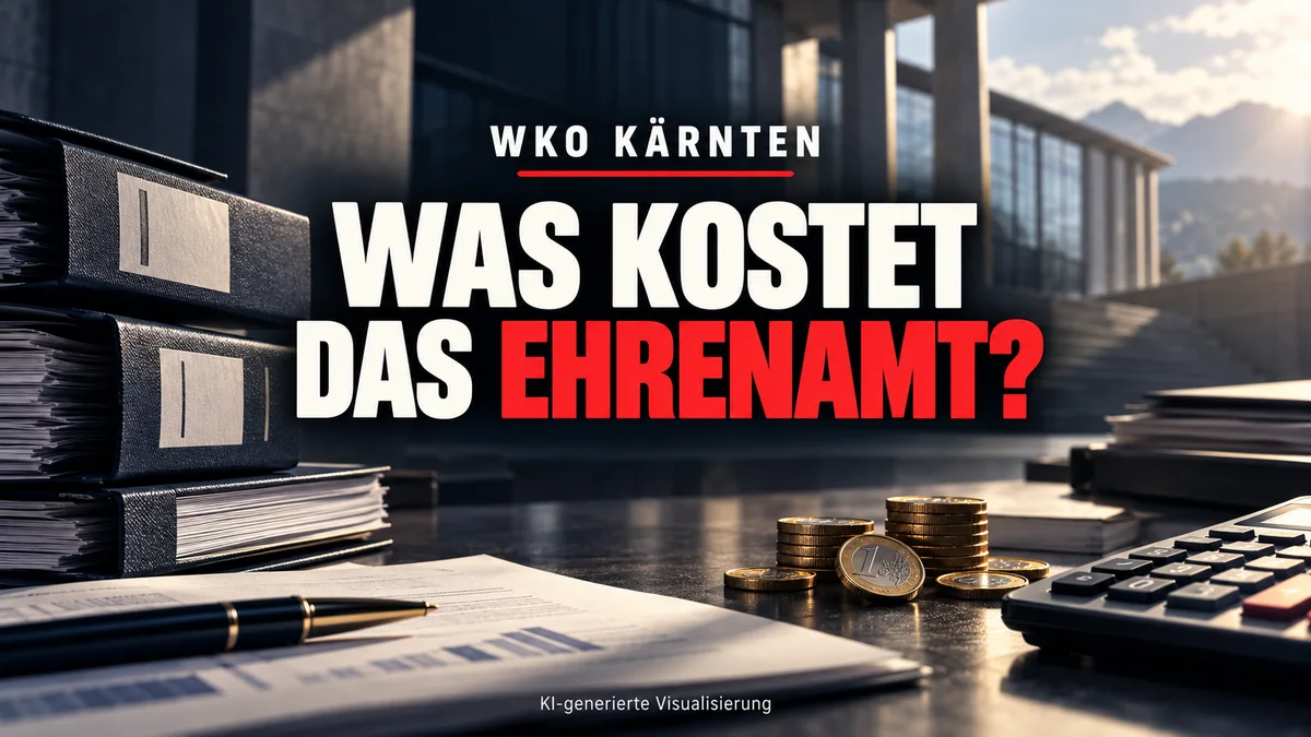 KI-Visualisierung mit Akten, Rechner und Münzen: WKO Kärnten – Was kostet das Ehrenamt?