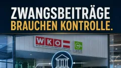 AFWK-Forderung: Pflichtbeiträge nachvollziehbar kontrollieren Gestaltetes AFWK-Kampagnenmotiv mit WKO-Kärnten-Gebäude und dem Slogan Zwangsbeiträge brauchen Kontrolle