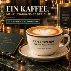 Kaffeespende für die Redaktion Warme Kaffeetasse mit Herz im Milchschaum: Ein Kaffee für mehr unabhängige Berichte von PresseTeam Austria.