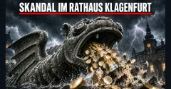 Arbeitszeitguthaben im Klagenfurter Rathaus – Aufklärungsprojekt Zugespitzte KI-Symbolvisualisierung des Klagenfurter Lindwurms mit eingeblendeter Überschrift zum Klagenfurter Rathaus